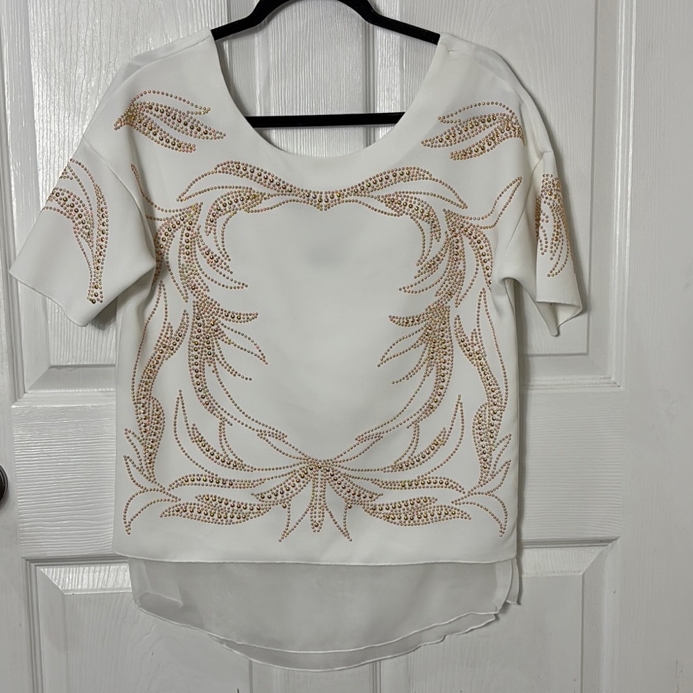 ZARA W&B Collection Elegant White and Gold Embellished Women's Flowy Top Size S